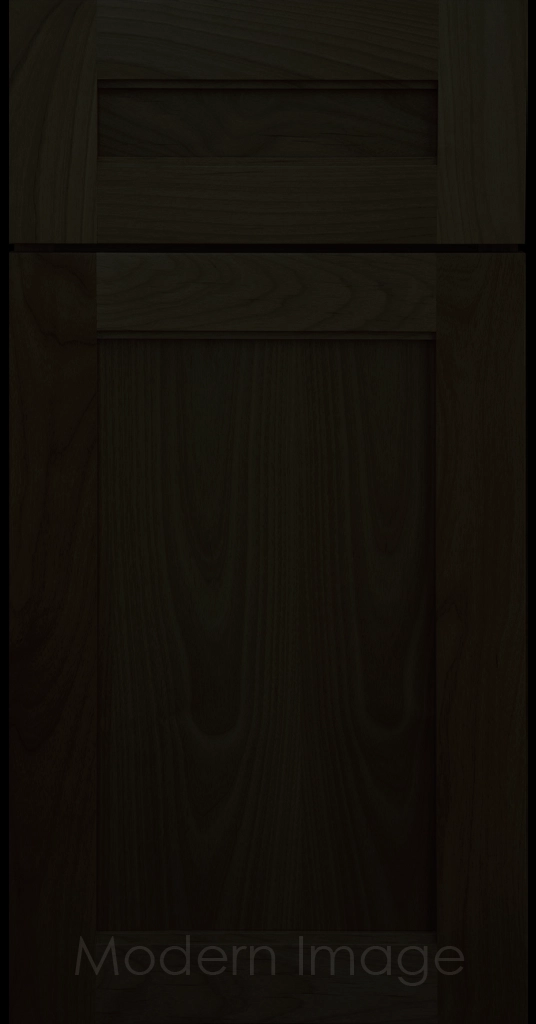 Destin shaker cabinet in Onyx Stain featuring ledge detail and vertical joints around a recessed center panel.
